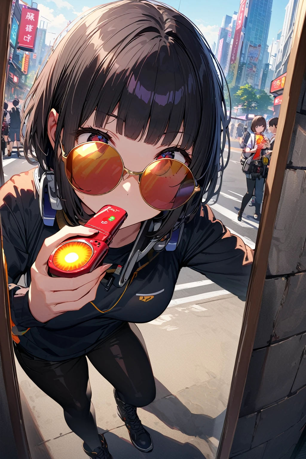 (extremely detailed fine touch:1.3), (((mirror sun glasses:1.3))), (wear silver headphones around neck:0.8), short hair, blunt bangs, 1girl, solo, 2.5d face, sucking chupa chups, black tubetop, black cargopants, black boots, (handling_smart_phone, smart_phone:1.2), extremely detailed tokyo city street,