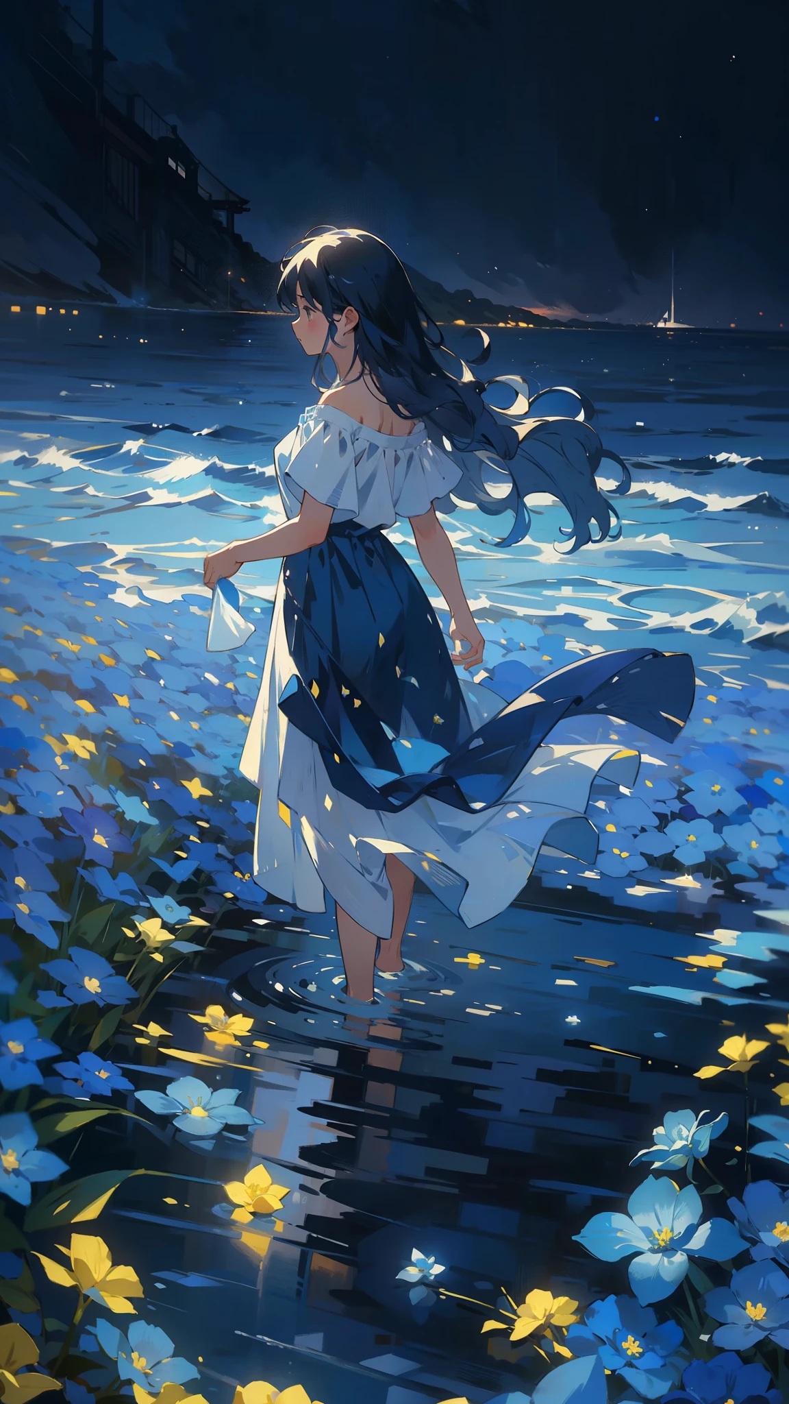 4. A sea of blue flowers:Woman standing in a sea of blue flowers,Blue petals swaying in the breeze。Her presence adds an ethereal beauty to the scene,Her serene expression reflects the tranquility of the nature around her。