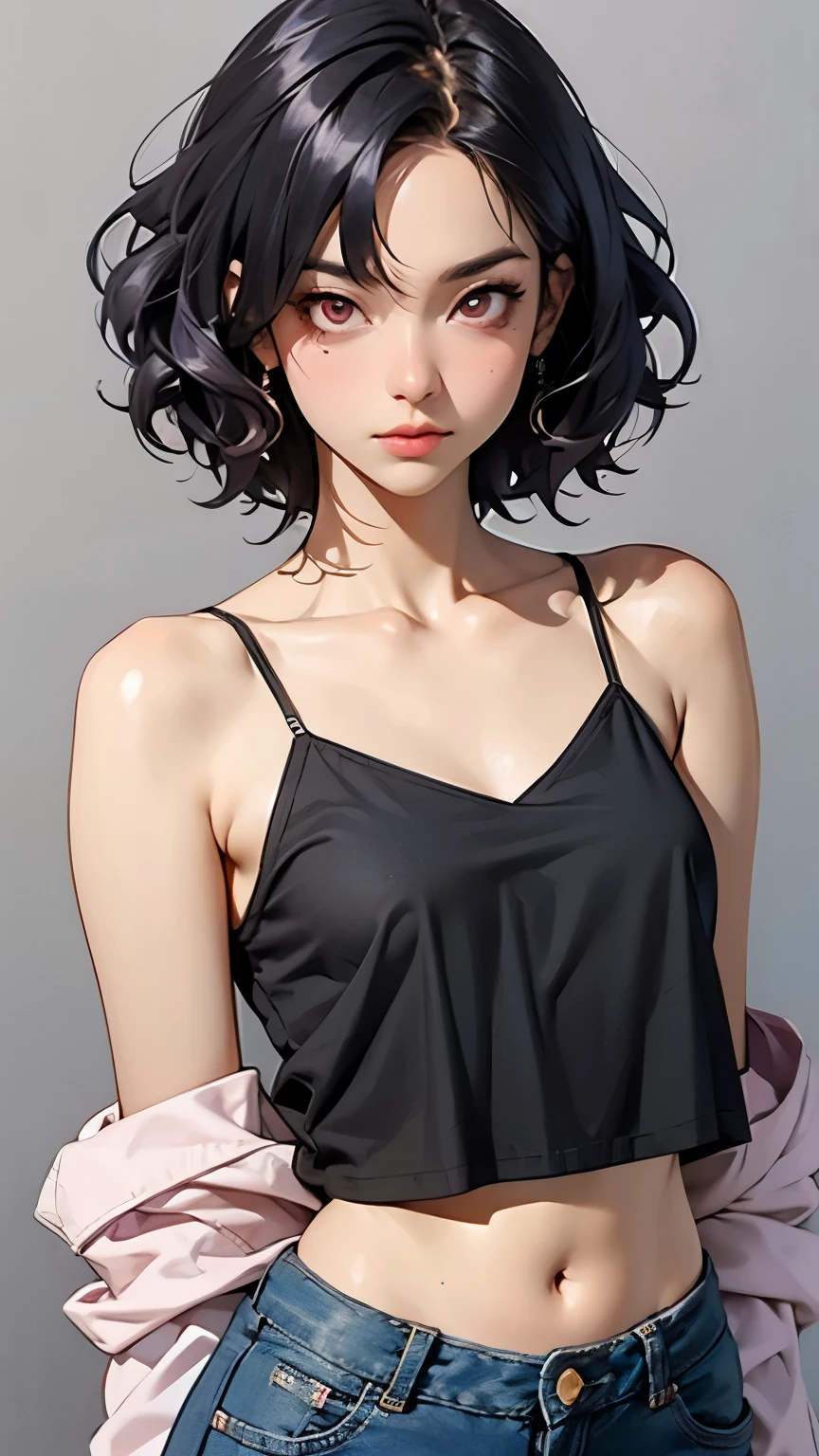 Thin-strap camisole, hot pants, pink thin clothes, slimming look, short curly black hair, detailed eyes, detailed face, detailed skin, sidelong glance, narrow eyes, gentle expression, casual background, mole under eye,