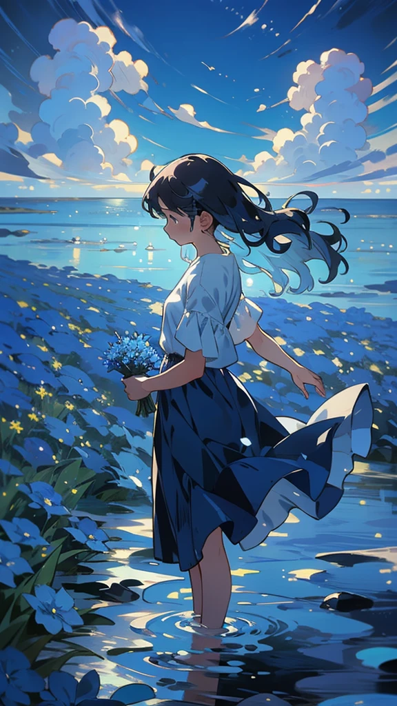 4. A sea of blue flowers:Woman standing in a sea of blue flowers,Blue petals swaying in the breeze。Her presence adds an ethereal beauty to the scene,Her serene expression reflects the tranquility of the nature around her。