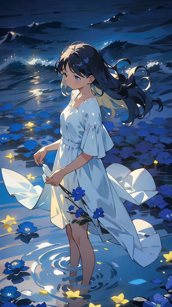 4. A sea of blue flowers:Woman standing in a sea of blue flowers,Blue petals swaying in the breeze。Her presence adds an ethereal beauty to the scene,Her serene expression reflects the tranquility of the nature around her。