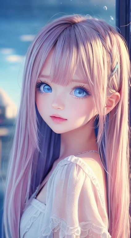 Beautiful woman, Blond hair blowing in the wind, Sparkling blue eyes, Realistic, masterpiece, Detailed, 4K, Beach Background, Detailed light, A small smile, White skin