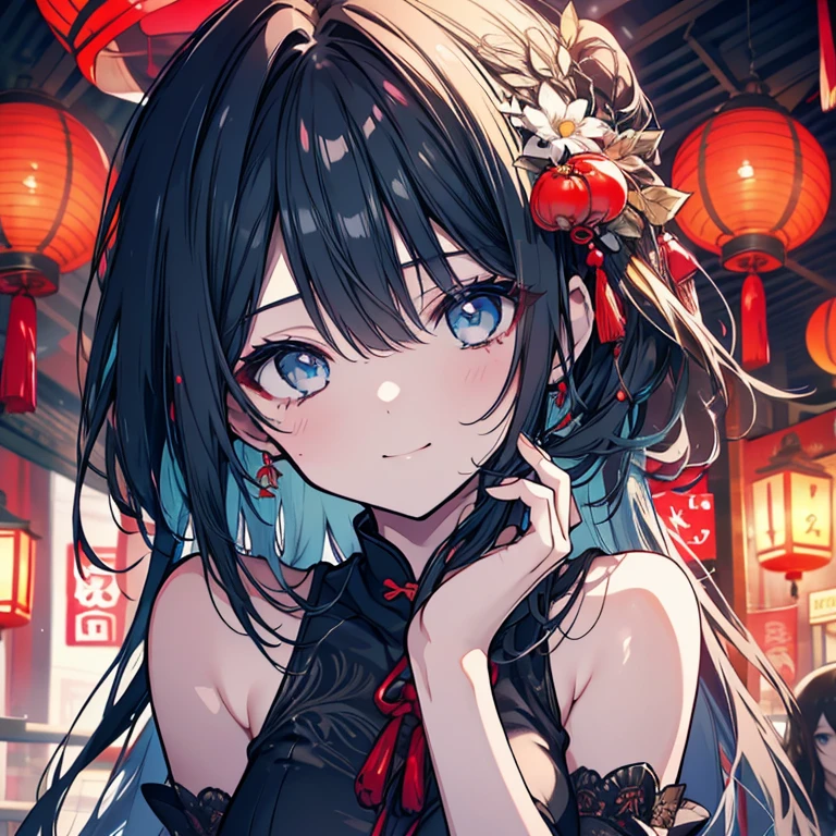 1 girl、Mature、Ample breasts、Long Hair、Trimmed hair、Shiny black hair、Light blue eyes、Slanted Eyes、A seductive smile、China dress、浅葱色のChina dress、Mini length、husk tomato、husk tomatoのピアス、dusk、Chinatown、The lantern shines、sit、Deep slit、High resolution、Highest quality