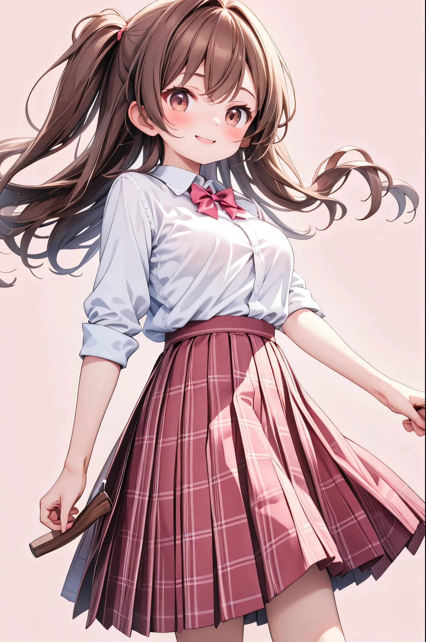high resolution,smile,woman,woman1人,adult,Clear,cute, Brown Hair,BREAK, Brown eyes,BREAK,
high school girl,uniform,White shirt,Pink checkered pleated skirt,BREAK,
Facing forward,BREAK,Pink background,