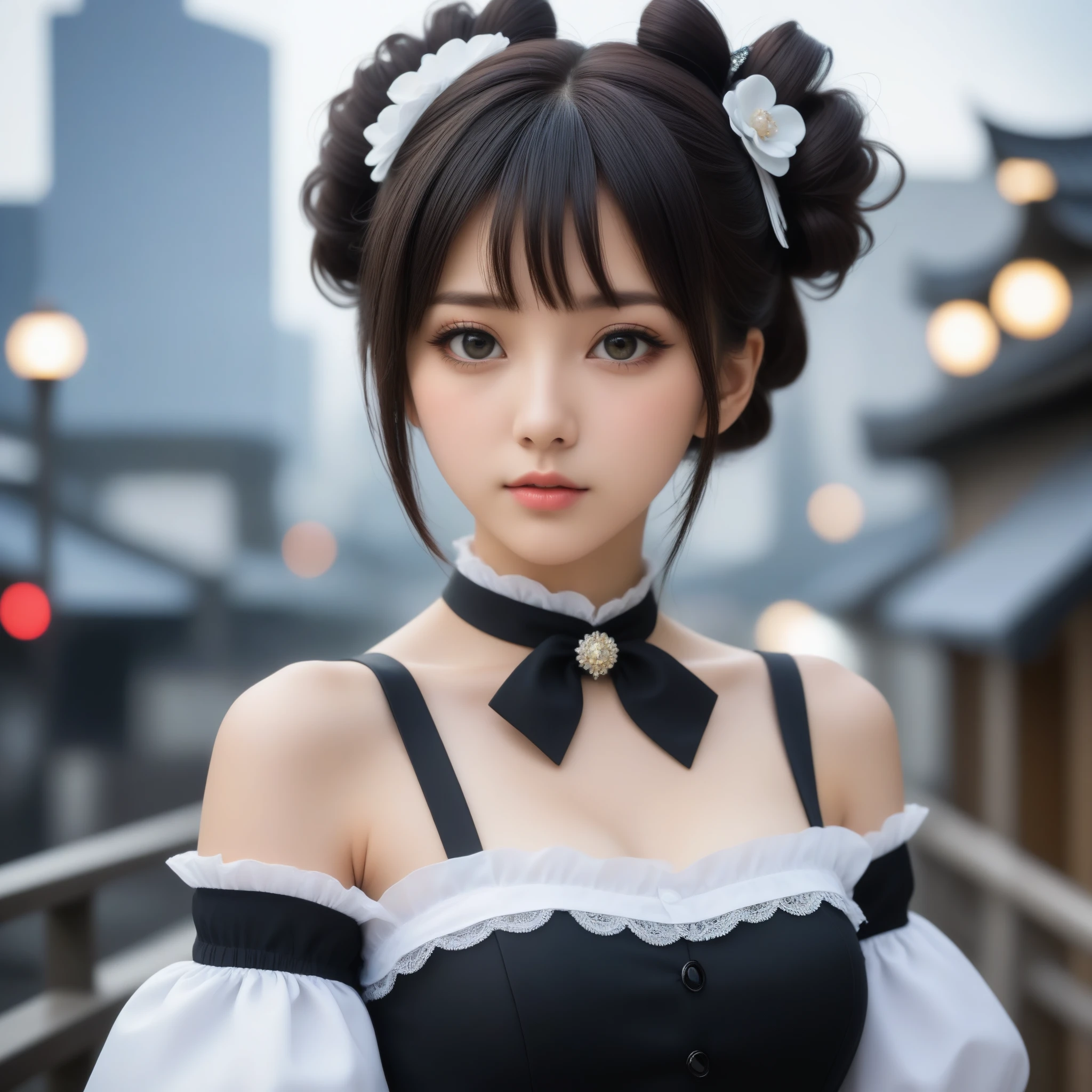 8k, Ultra-high resolution, Highest quality, masterpiece, 三分割法によるphotograph,Surreal, photograph, 1 Girl, (16 years old:1.3), pretty girl, Cute Face, Beautiful eyes in every detail, 細かくdetailedに,masterpiece,One Girl:1.2,Japanese female announcer,extream close up,Serious expression,Black short hair,Short ponytail,Maid Android,((Fusion of Gothic Lolita and Lolita fashion:1.3)),bracelet, chest, choker, clavicle, Earrings,Futuristic cityscape ,Perfect and beautiful face ,完璧でCute Face, Skin with attention to detail, Perfect limbs、Narrow waist,Looking at the audience,(((Ideal body type))),Aカップの小さなchest :2,Portraiture:2,Perfect Anatomy,鮮明なdetailed,detailed,Surreal,Light and shadow,spotlight