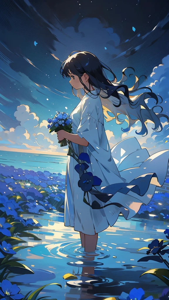 4. A sea of blue flowers:Woman standing in a sea of blue flowers,Blue petals swaying in the breeze。Her presence adds an ethereal beauty to the scene,Her serene expression reflects the tranquility of the nature around her。