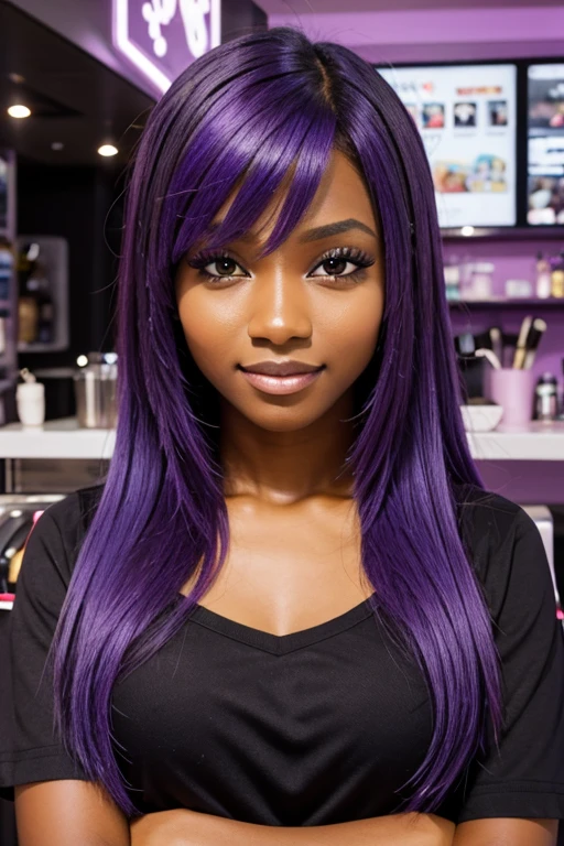 1girl solo, mature farmale, (((dark skin)))), bimbo, hourglass, big muscles,serene expressions. Your hair could be long and dark, perhaps with subtle purple or red highlights to add a mysterious touch. Your eyes could be intense and piercing, vibrant color a long dress in dark colors, with subtle lace details Choice of colors such as black, dark purple
