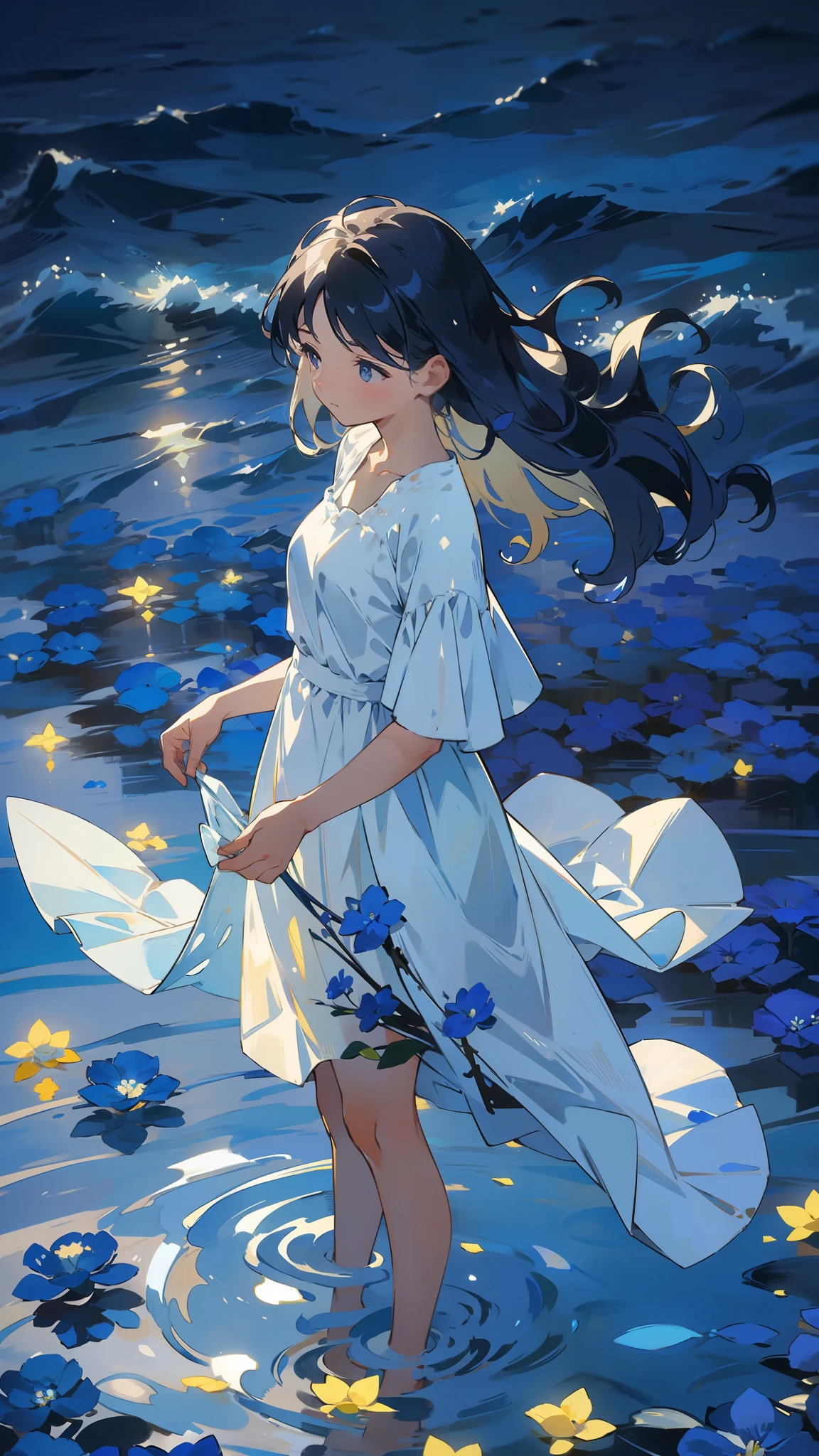 4. A sea of blue flowers：Woman standing in a sea of blue flowers，Blue petals swaying in the breeze。Her presence adds an ethereal beauty to the scene，Her serene expression reflects the tranquility of the nature around her。