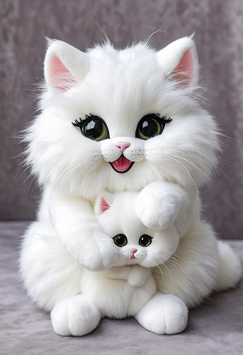 Plush pure white fluffy, like an ermine, and velvet, cat and cat,hugging, stand on their hind legs, doll eyes with dark black , Lashes, smile with open mouth, it&#39;s a holiday for them, 3D стиль, 8k , 4K, HD, clean background , style, I guess, Inscription :-international cat festival