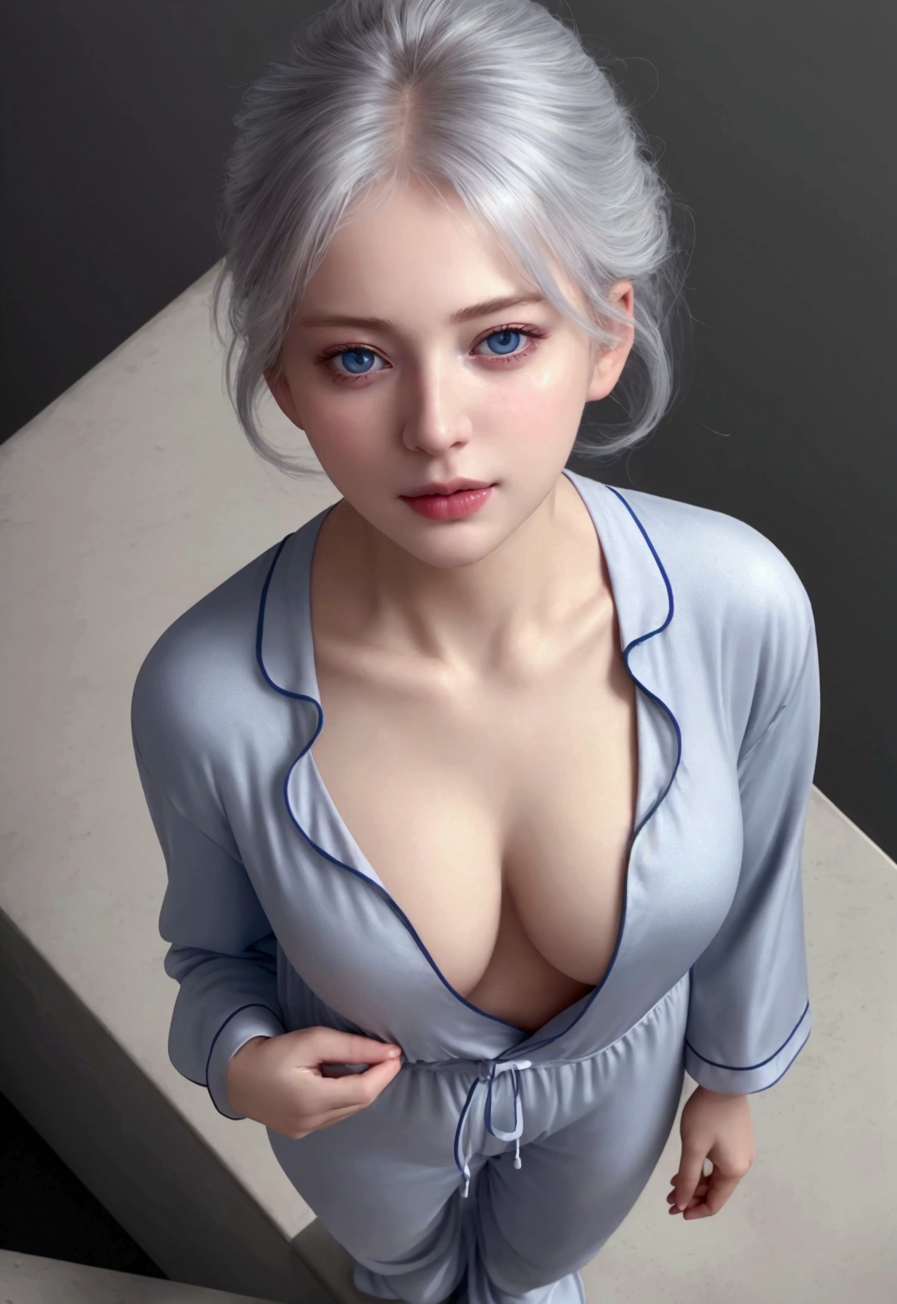 1 Girl, Beautiful, Baby Face, 20 Years Old, White Skin, , naked , Skinny, ,  , standing in The Bathroom,attractive , seductive, , , medium breasts, Grey Hair, , , ((adorable:1.1)), ((masterpiece:1.1)), Sleepy Cute Face, grey hair,silver messy hairstyle, blue eyes, attractive, seductive, dynamic angle, soft laughter, (Shoulder off outer pajamas),  (8k, RAW photo, best quality, masterpiece: 1.2), (realistic, realistic: 1.37),  ,(((masterpiece))),(best quality),solo, extremely detailed, detailed face,(full body:1.2), the portrait is centered,(close-up:1.4),upper body,(from above:1.4),(wide-angle lens:1.2), looking at viewer,