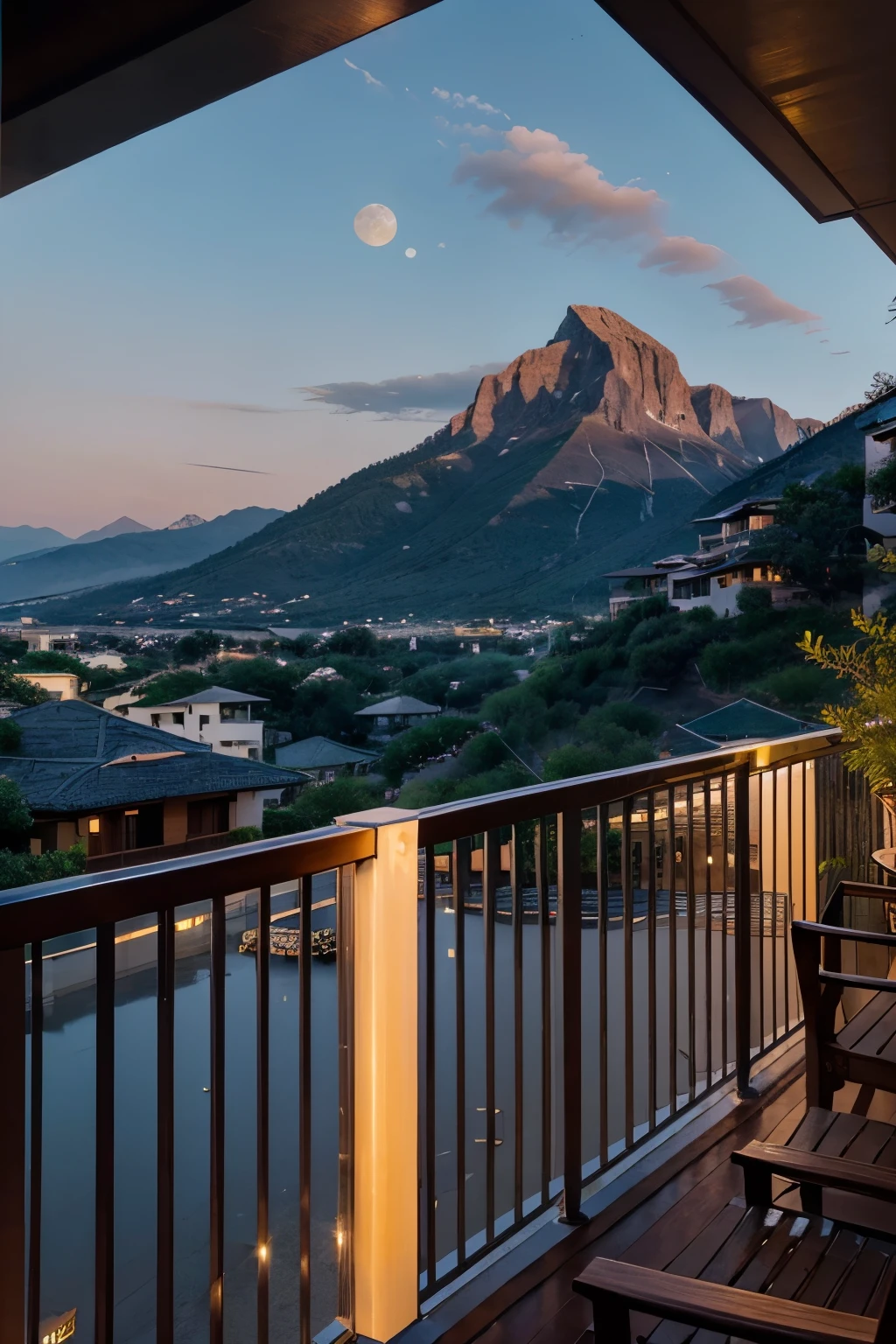 "A balcony with rain falling, a sunset, a mountain with the moon rising in the background, and water shining and glistening brightly, reflecting the sunlight all the way to the balcony."