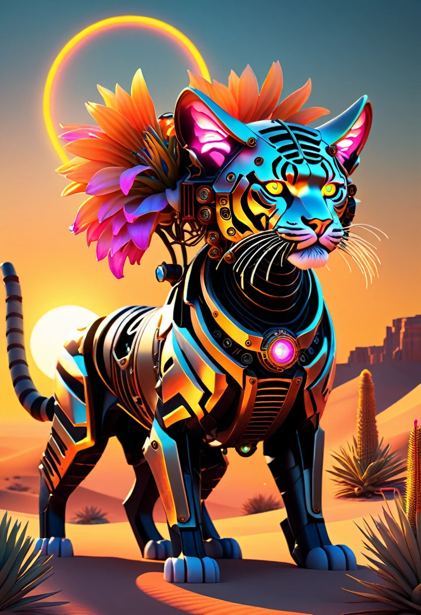 A steampunk horned tiger, style cyborg, neon, desert flowers, desert plant cover, sun set, evening light, tendance sur artstation, complexe, very detailed, surrealist, clair, Octane technologies.