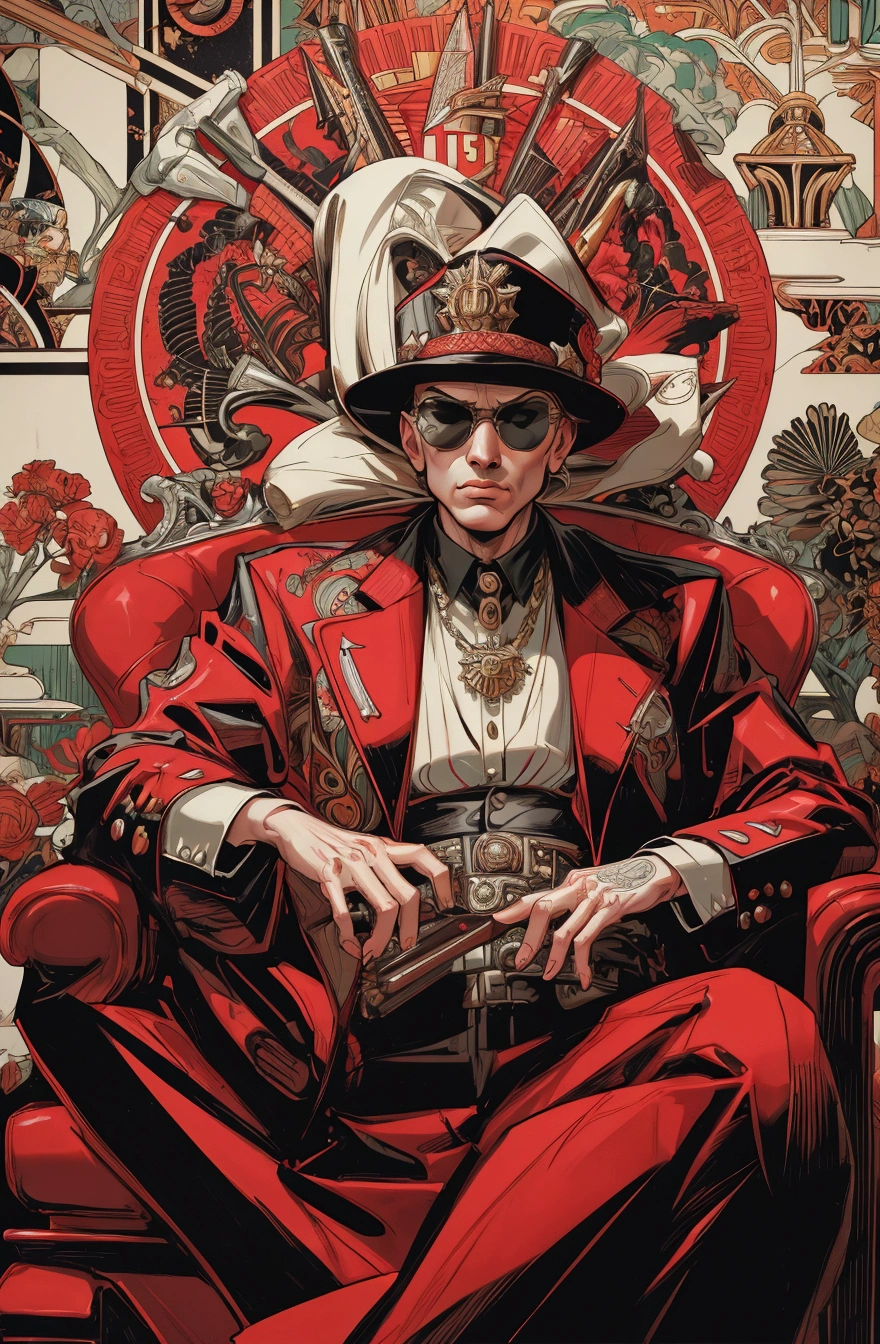 there is a beautiful woman sitting on a red chair with a hat and sunglasses, martin ansin artwork portrait, martin ansin, mafia background hyper detailed, rockstar games art, king of capitalism, mobster, made of money, j. c. leyendecker 8 k, shephard fairey poster, mafia, sharp high quality artwork, butcher billy, butcher billy style