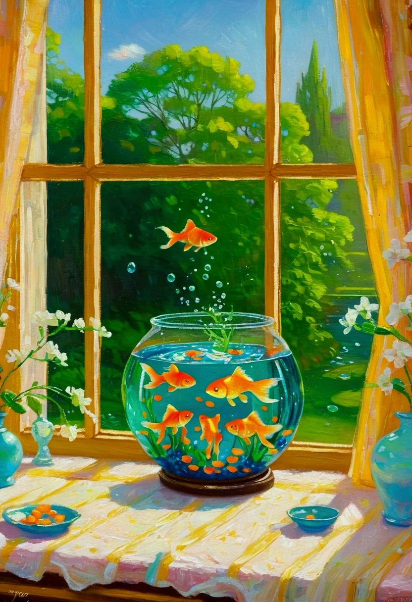there are many goldfish swimming in a bowl in front of a window, floating goldfish, Fish floating in bedroom, goldfish, Fish, Alexander Kucharsky, Fish swimming, you are wrong, Inspired by mark keathley, Magical Realism, Rob McNaughton, darrell k sweet, Acrylic art, Fishes swim around, Andrei Godeyev, Written byMin Zhen