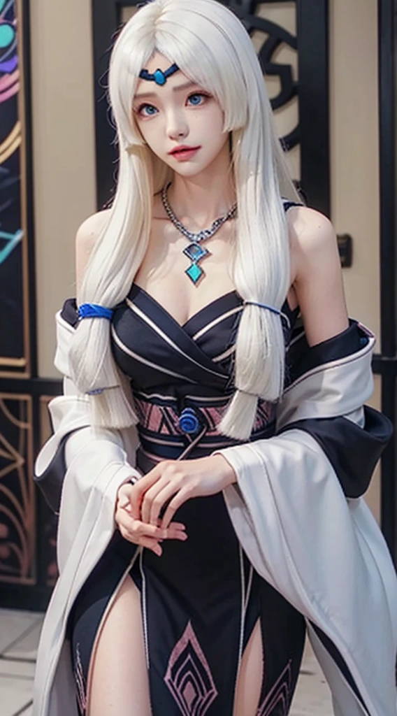 Kagura mobile legends, long white hair, Gentle Scarlet colored eyes, necklace