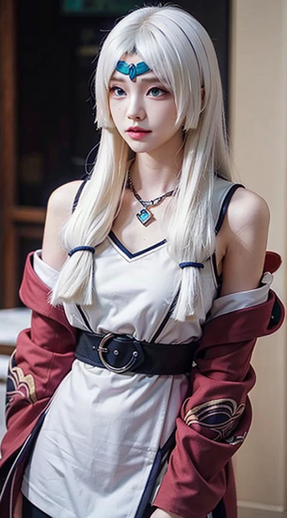 Kagura mobile legends, long white hair, Gentle Scarlet colored eyes, necklace