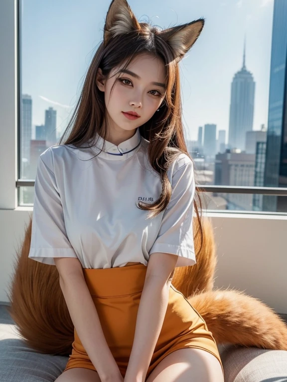 ((Highest quality, 32K)), ((masterpiece)), (Familiar), Perfect Face, Fox Girl, pretty girl, Company Office, Has a tail, She has a fox's tail, She stands up her fluffy tail, Beautiful hip line, Thick thighs, Fur collar, A large tail sticks out, On all fours, Shyly staring at his tail, She only has one tail
