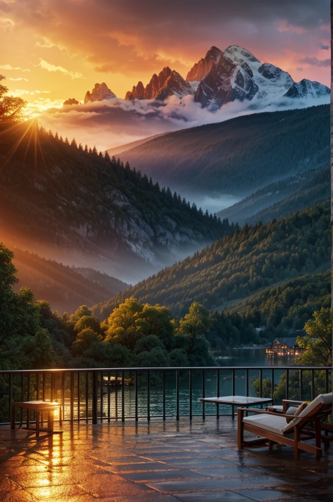 balcony with rain falling, sunset, mountain on the back ground,shining water reflecting sunlight, detailed landscape, cinematic lighting, warm color tones, vibrant colors, realistic, photorealistic, best quality, 8k, masterpiece, ultra-detailed