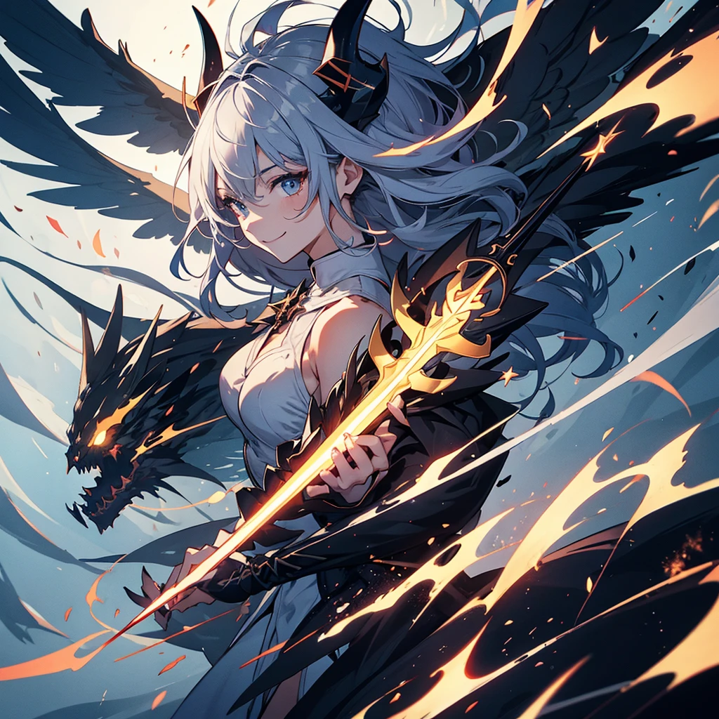 masterpiece, Highest quality, Very detailed, Anime Style, カオスデーモンガールのwhole body, As if smoke and shadows were given shape, Huge horns and huge wings, Shadow Sword and Shadow Claw, Supernatural Lightning and Fire, ((Eight-pointed star symbol)), 8K high resolution, Trend Art Station, White Background, whole body, Victory smile
