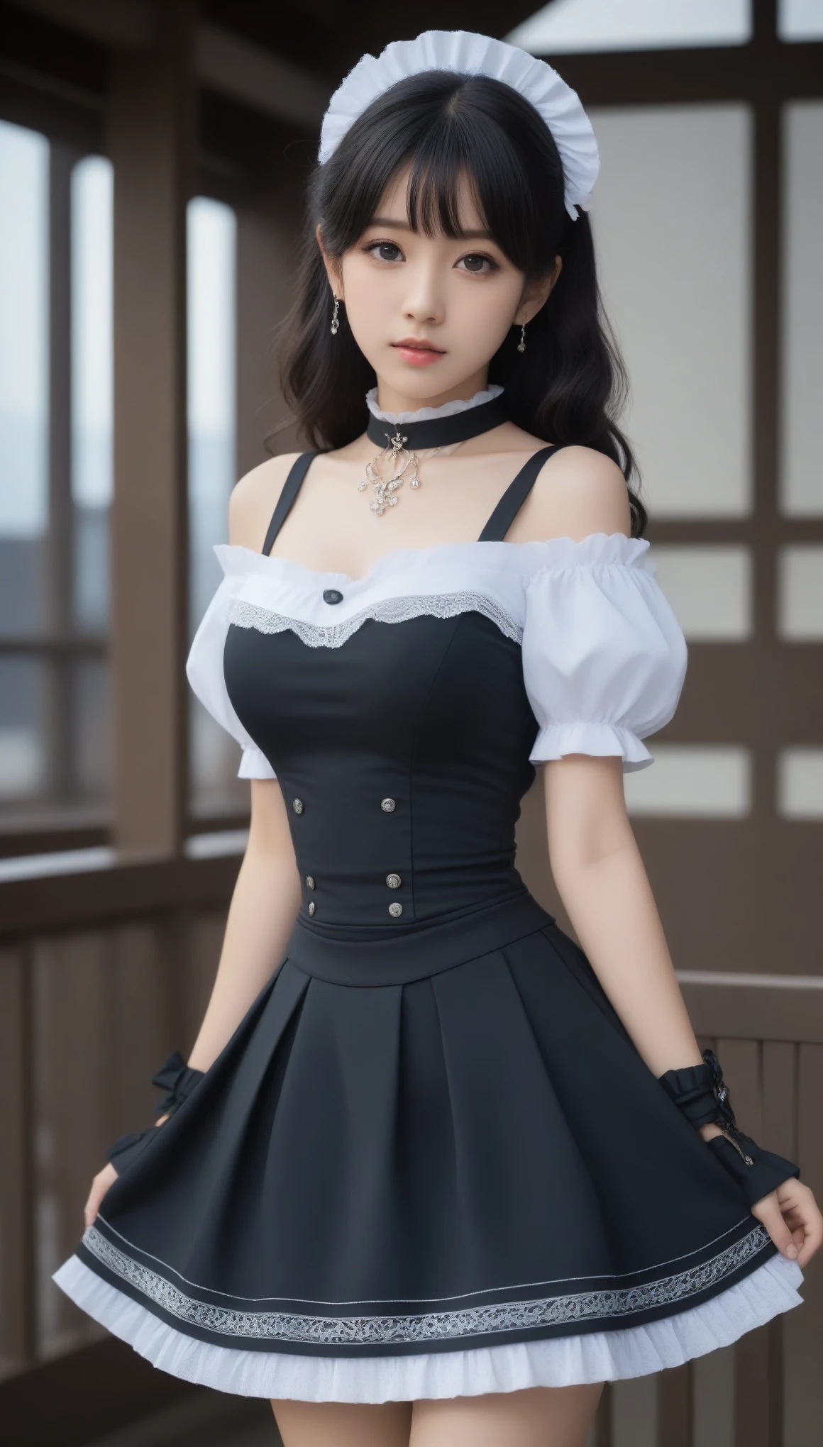 8k, Ultra-high resolution, Highest quality, masterpiece, 三分割法によるphotograph,Surreal, photograph, 1 Girl, (:1.3), pretty girl, Cute Face, Beautiful eyes in every detail, 細かくdetailedに,masterpiece,One Girl:1.2,Japanese female announcer,cowboy shot,Serious expression,Black Hair,Curl outward hair,Maid Android,((Fusion of Gothic Lolita and Lolita fashion:1.3)),Pencil Skirt,bracelet, chest, choker, clavicle, Earrings,Futuristic cityscape ,Perfect and beautiful face ,完璧でCute Face, Skin with attention to detail, Perfect limbs、Narrow waist,Looking at the audience,(((Ideal body type))),Aカップの小さなchest :2,Portraiture:2,Perfect Anatomy,鮮明なdetailed,detailed,Surreal,Light and shadow,spotlight