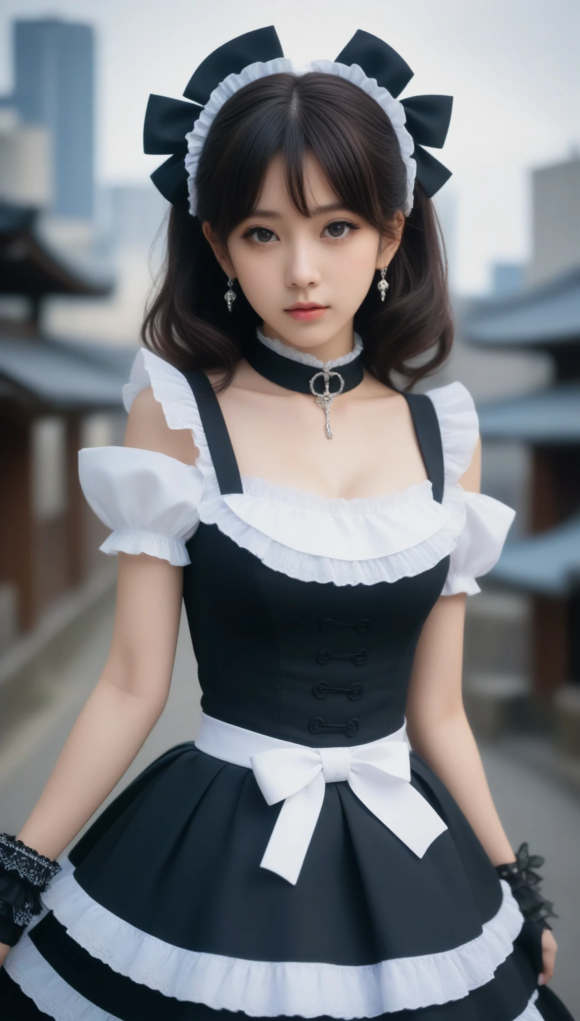 (Close-up:1.4)、(RAW shooting:1.2)、(photorealistic:1.4)、(masterpiece:1.3)、(highest quality:1.4)、solo、7 head and body、(slender and beautiful girl)、cute、(beautiful detailed eyes)、(charming big eyes)、(beautiful double eyelids)、(beautiful and detailed face)、(gentle smile:1.2)、(big breasts:1.2)、(cleavage)、(erect nipples:1.2)、(full body shot)、8K、(muste piece:1.2)、(twin tails:1.3)、(Bangs Patsun)、(headdress、white blouse、black ribbon、ruffle skirt、puff sleeves、collar、choker、white apron with fine frills:1.3)、White Knee High Socks、black maid costume、(Sexy model pose with chest sticking out:1.3)、cowboy shot、view audience、(small butt)、(hide your hands)、(beautiful thighs)、cute系、(perfect anatomy:1.2)、ancient city、
