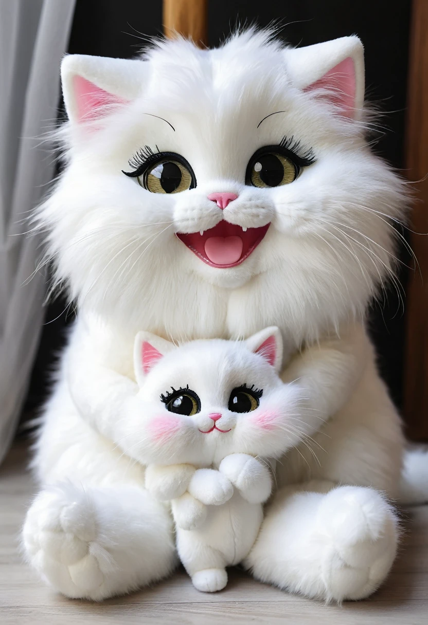 Plush pure white fluffy, like an ermine, and velvet, cat and cat, hugging, stand on their hind legs, doll eyes with dark black , Lashes, smile with open mouth, it&#39;s a holiday for them, cat in a white dress with red polka dots , white shoes, cat dressed in a red suit, in red shoes, 3D стиль, 8k , 4K, HD, clean background , style, I guess,