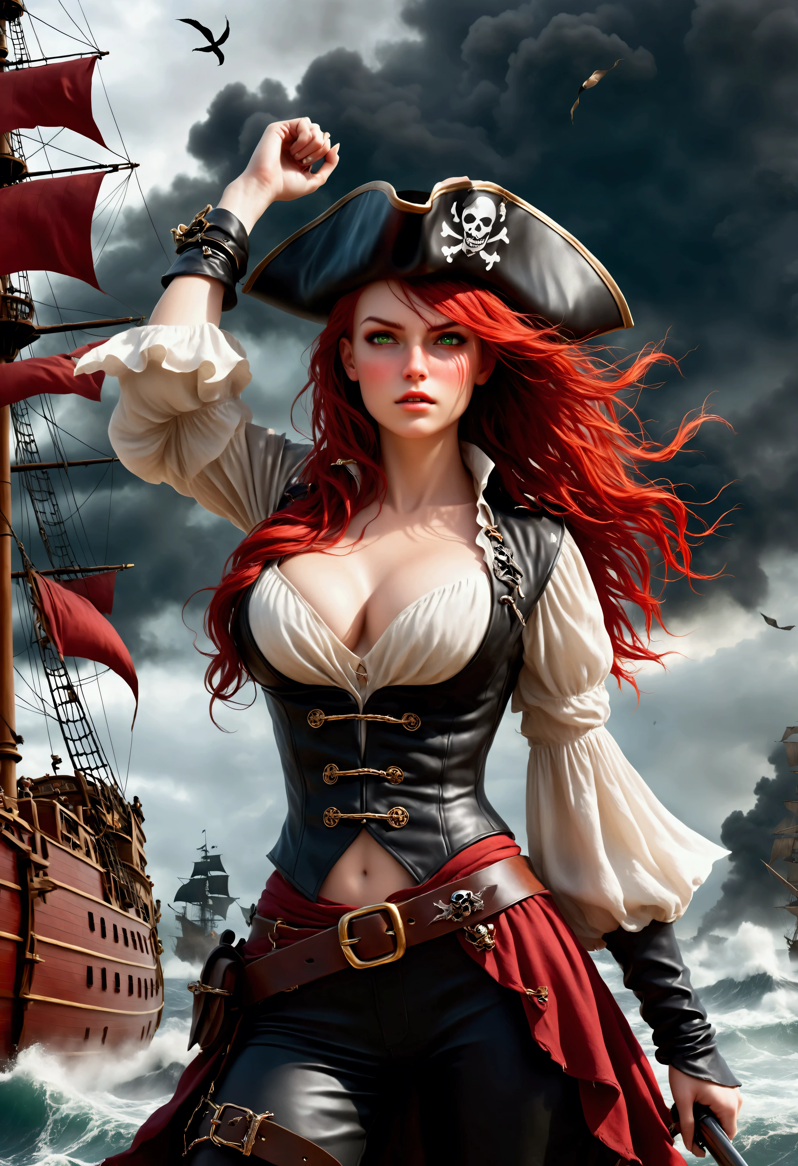 Create a breathtaking, ultra-high-definition image in 16K resolution that captures the adventurous and stylized essence of a pirate world realistic photo aesthetic. | Visualize a stunning female pirate with vibrant red hair cascading down her back, adorned with a traditional pirate hat featuring a feather. She has a fierce and determined expression, exuding both beauty and power. Her eyes are a captivating green, and she has a slight scar on her cheek, adding to her rugged charm. She is dressed in a classic pirate outfit with a modern twist: a flowing white blouse, a leather corset, a wide belt with a large buckle, and tall boots. Her attire should blend traditional pirate elements with subtle contemporary accents.| The scene is set on a pirate war battleground with a chaotic mix of ships, cannons, and smoke. The sky is filled with dark storm clouds and flashes of lightning, adding a dramatic and intense atmosphere. The sea is rough, with waves crashing against the ships. Debris and remnants of battle are scattered around, enhancing the wild and untamed setting.| Capture the pirate in a victorious pose, with one hand lifting a tattered pirate flag high above her head and the other hand clenched into a fist. Her posture should convey triumph and strength, with her body turned slightly to showcase her dynamic pose. The camera angle should emphasize her full body, highlighting the details of her outfit and her confident, fierce expression. | Ensure anatomical correctness, with a focus on ultra-detailed textures and high-quality rendering, capturing every nuance of the pirate's appearance and her intense surroundings. This masterpiece should embody the spirit of adventure and resilience, immersing viewers in its lifelike depiction. | Keywords: (beautiful red-haired pirate:1.3), ((realistic photo)), ((fierce expression):1.2), ((pirate war battleground)), ((victorious pose)).
