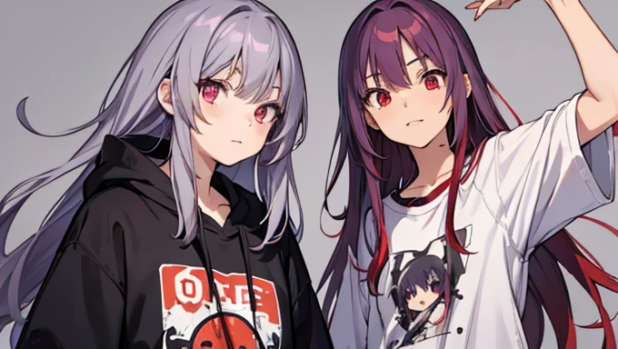 Two girls (one tall Anime Girl 2d Long Hair Loose Purple-Grayish, Age Adulthood adult, White Scleriotica) (second short girl, red hair, red eyes, Rockstar clothes) happy