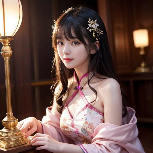 best quality, Delicate face，beautiful visual work, lifelike, eternity, black hair, Long curly hair, blunt bangs, Smile, Detailed Background, Delicate face，pink blush，cold，((masterpiece))、(top quality)、8k、high detail、Super detailed，21 years old female，Wearing Chinese cheongsam、Seductive and whimsical style、masterpiece、born、Scenes resembling fairy tale illustrations、intricate details和複雜的設計、Beautifully、magic、capricious、 Beautifully、Dream aesthetics、「𝓡𝓸𝓶𝓪𝓷𝓽𝓲𝓬、ethereal、charming、fickle、magic」、realism、Visual effects、FXAA、SSAO、Shader、voiceless、ambient lighting、Tone mapping、High resolution、Ultra high quality、Million pixels、(8K resolution:1.10)、8k、8k以下、8K resolution、high detail、intricate details， (high quality:1.2、masterpiece:1.2、:1.21)、(21 years old female:1.21)、(興奮地Smile)、(Surrounded by a dreamy atmosphere、Model diagram，full-body shot，Normal 2 feet，Don&#39;t show your hands，Japanese folding fan opens on the chest，Landscape photos