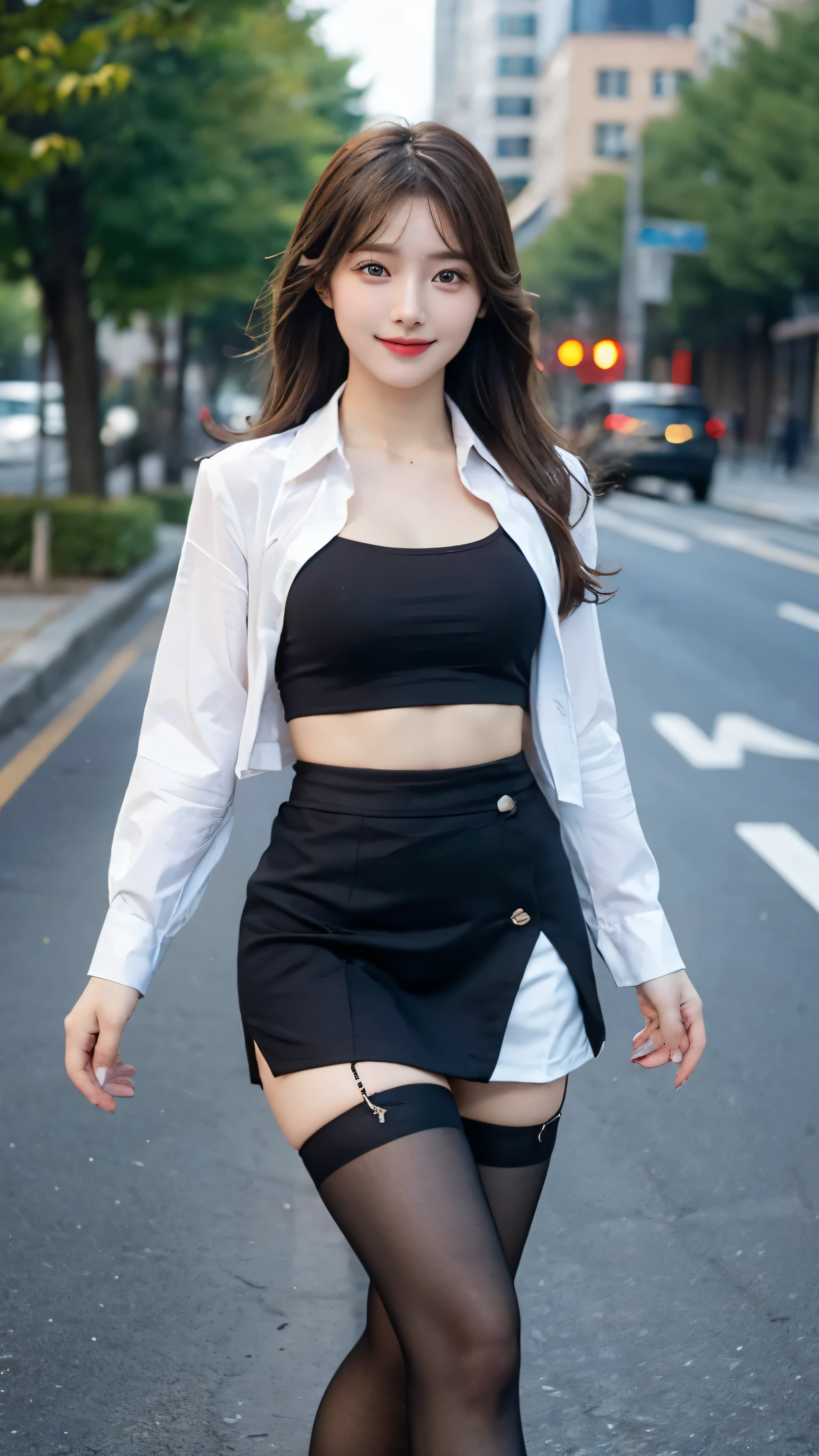Best quality, Ultra-high resolution, Face Focus(truly:1.6),Cute hairpin,Baoyu girl,1 Girl, Beautiful slim woman:1.4, Abdominal muscles:1.2, (Brown hair,Medium breasts:1.4), shirt:1.1, outdoor(Depth of Field:16),Ultra-thin face,Exquisite eyes,Double eyelids,Smile,whole body,Thin legs,Long legs,Standing,Dance moves,Slender legs,I can see your thighs,Short skirt,Collar(1.8),Black translucent stockings(1.6)