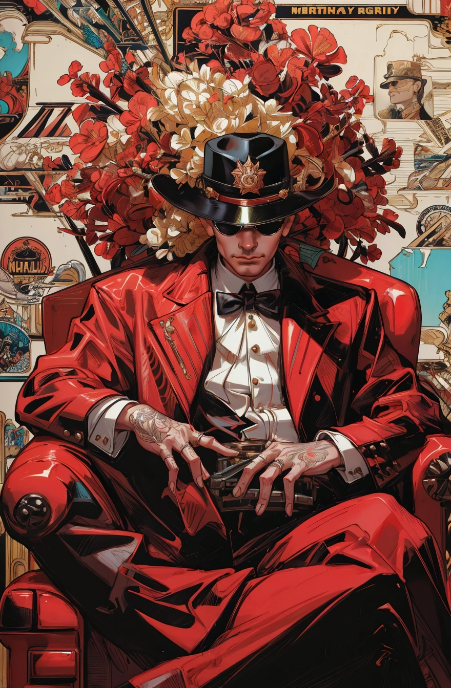 there is a beautiful girl  sitting on a red chair with a hat and sunglasses, martin ansin artwork portrait, martin ansin, mafia background hyper detailed, rockstar games art, king of capitalism, mobster, made of money, j. c. leyendecker 8 k, shephard fairey poster, mafia, sharp high quality artwork, butcher billy, butcher billy style, cute girl, beautiful lady 