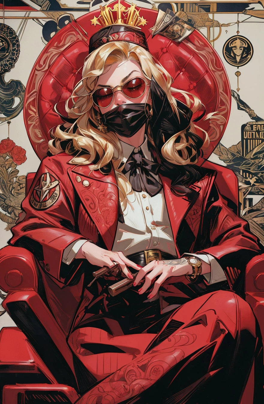 there is a beautiful girl  sitting on a red chair with a hat and sunglasses, martin ansin artwork portrait, martin ansin, mafia background hyper detailed, rockstar games art, king of capitalism, mobster, made of money, j. c. leyendecker 8 k, shephard fairey poster, mafia, sharp high quality artwork, butcher billy, butcher billy style, cute girl, beautiful lady 