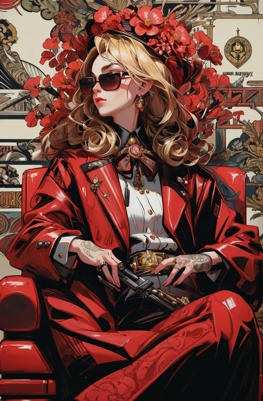 there is a beautiful girl sitting on a red chair with a hat and sunglasses, martin ansin artwork portrait, martin ansin, mafia background hyper detailed, rockstar games art, king of capitalism, mobster, made of money, j. c. leyendecker 8 k, shephard fairey poster, mafia, sharp high quality artwork, butcher billy, butcher billy style, cute girl, beautiful lady