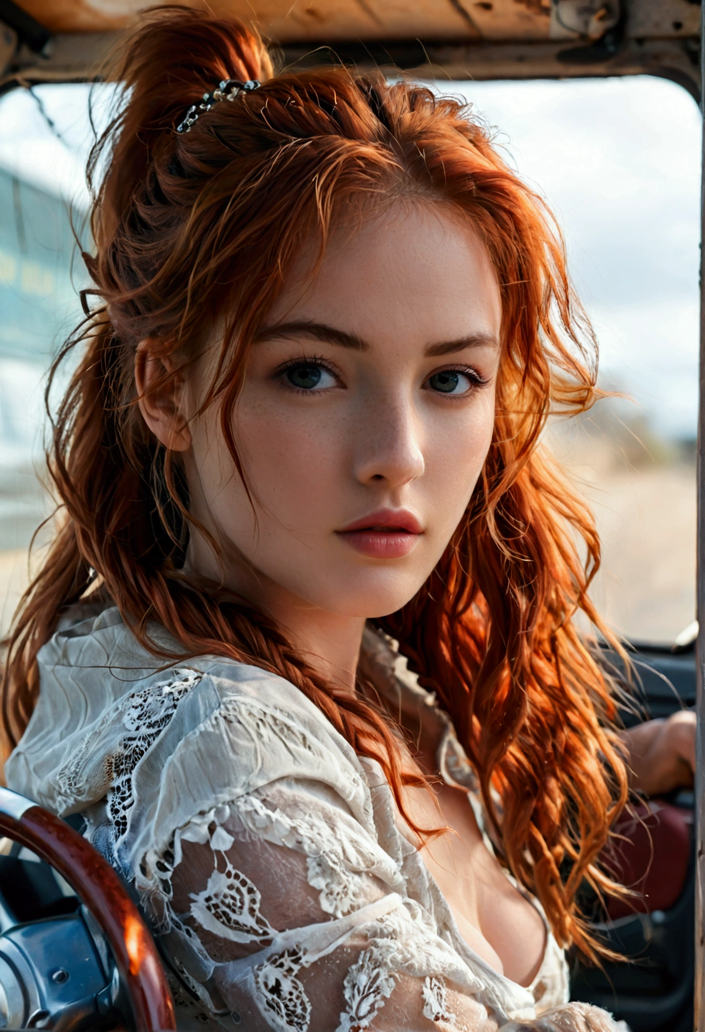 (full body shot:1) photorealistic image of a (standing pose:1) ultrarealistic, photography, long red hair, woman, 24 years old, hourglass figure, perfect body, Flirty look, natural medium breasts, blur background, she is sitting in the passenger side of a truck, she is leaning over to you, she puts her hair into a ponytail