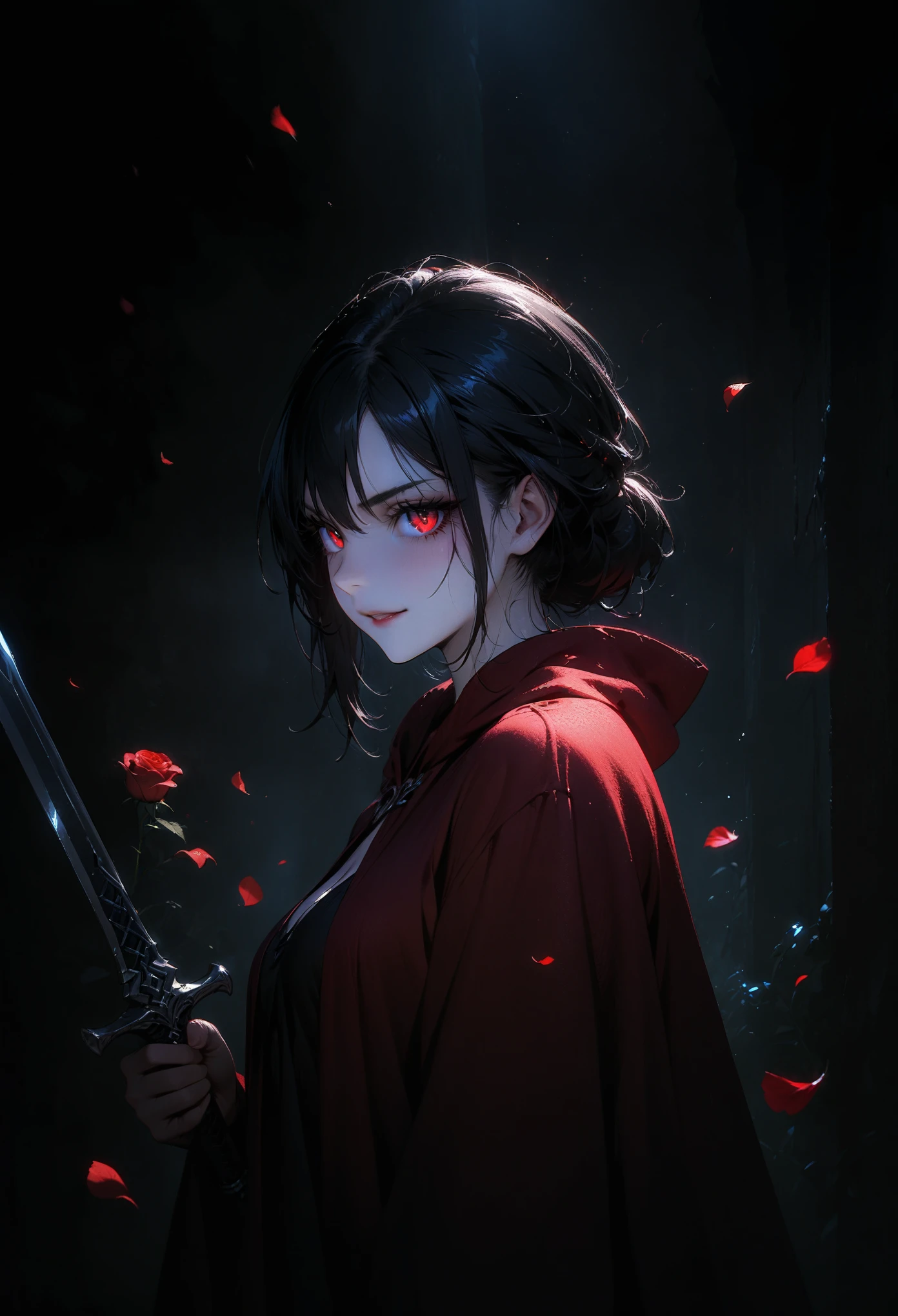 (full body portrait), 1girl, solo, (holding weapon), sword, (long black hair), detailed face, mischief, smirk, pale white skin, red eyes, (detailed eyes), long eyelashes, black eye liner, red lipstick, black tunic, (red hoodie cloak), long dress, leather glove, (standing pose) moonlight, hard lighting, blue light, cold light, ((rose pedals falling)), (medieval theme), ((masterpiece)), super detailed, best quality, POV, dw01-3400