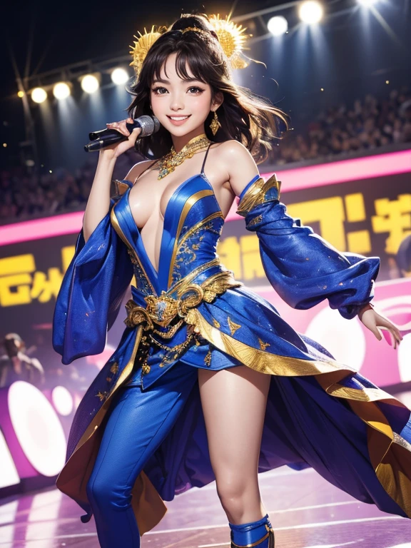 (Highest quality、 8k 、masterpiece、High resolution)、Full Body Shot、15 year old girl、Idol、Cute smile、Pretty lips、Adorable eyes、Dancing with a smile、Outdoor Stage、AKB48 Costumes、Realistic、Vibrant colors、Official Art、Detailed CG、Professional Lighting、Professional photographer、