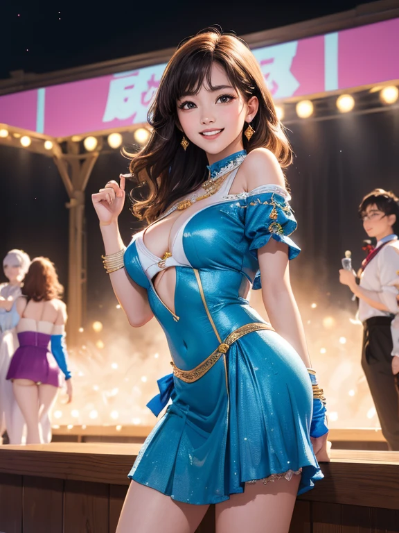 (Highest quality、 8k 、masterpiece、High resolution)、Full Body Shot、15 year old girl、Idol、Cute smile、Pretty lips、Adorable eyes、Dancing with a smile、Outdoor Stage、AKB48 Costumes、Realistic、Vibrant colors、Official Art、Detailed CG、Professional Lighting、Professional photographer、