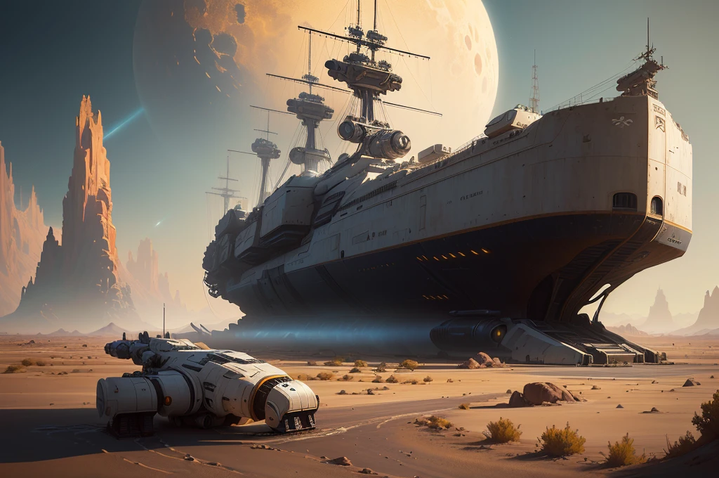 There is a huge old ship in the desert, philip hodas art style, Sci-fi digital painting, Spaceship on dry river bed, Sci-fi digital painting, Inspired by Philip Hodas, Inspired by Craig Mullins, Inspired by Stephen Cordell, Stunning sci-fi concept art, Bastien Grevi, Star Citizen Digital Art