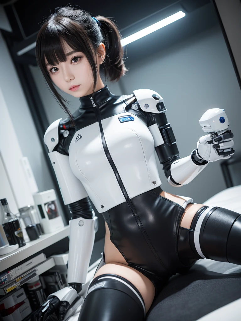 masterpiece, Highest quality, Very detailed, (8k, 4K, Highest quality, High resolution, 超High resolution:1.1), (Tabletop, Realistic, Photorealistic:1.1)Japanese anDroid woman,Plump , announcer,Control panel,anDroid,Droid,Mechanical Hand,Robotic arms and legs, Black Robot Parts,Black Hair,Dark black knee-high socks,Black sponge joint,Blunt bangs,White robot body,Ceramic body,Jockey Boots,Perfect Cyborg Girl,