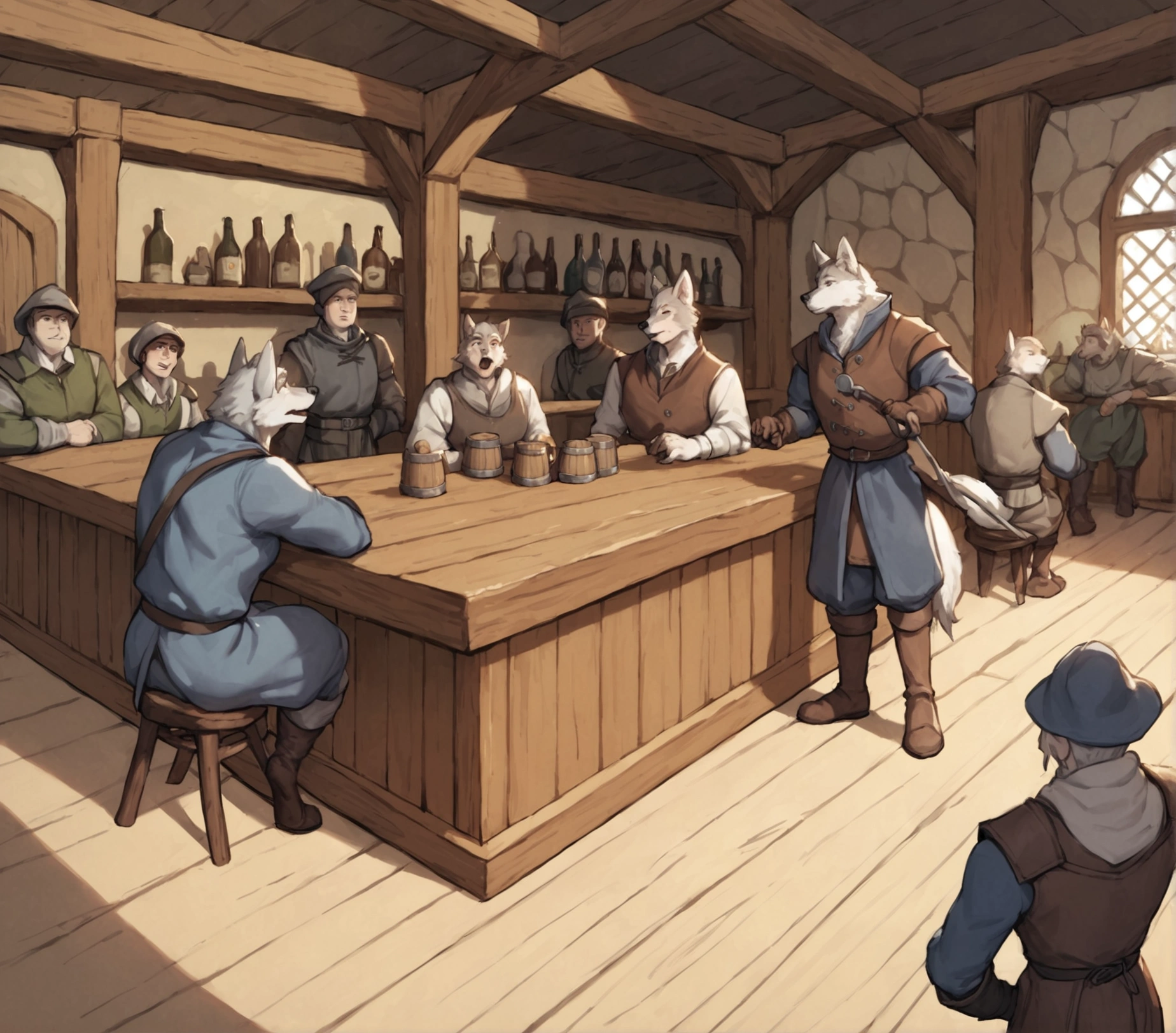 score_9,score_8_up,score_7_up, score_6_up, score_5_up,source_anime, scenery, a bar, medieval tavern, it’s busy, full of people, in a medieval tavern bar, sketchy weird bar, soldiers and criminals at the bar, indoors, dark and creepy tavern, wolf men soldiers at the bar, from above 