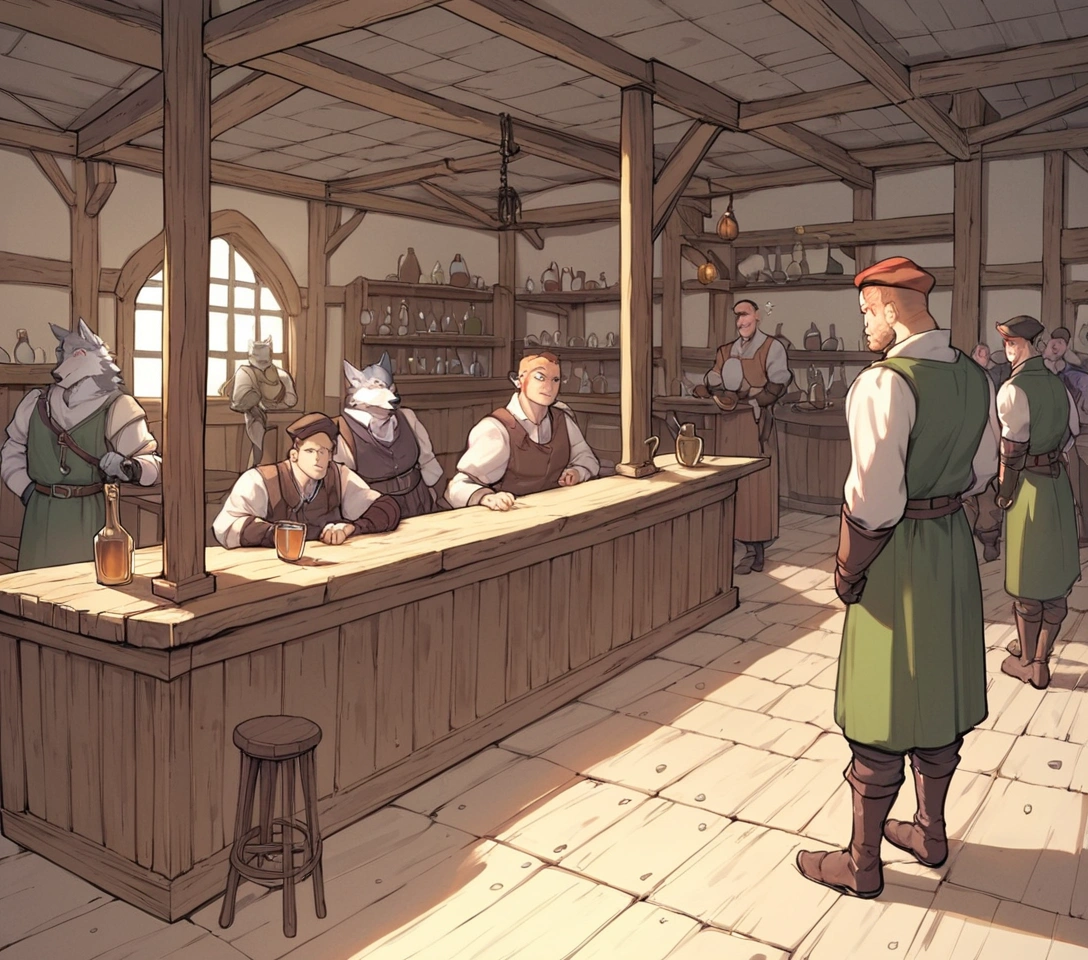 score_9,score_8_up,score_7_up, score_6_up, score_5_up,source_anime, scenery, a bar, medieval tavern, it’s busy, full of people, in a medieval tavern bar, sketchy weird bar, soldiers and criminals at the bar, indoors, dark and creepy tavern, wolf men soldiers at the bar, from above 