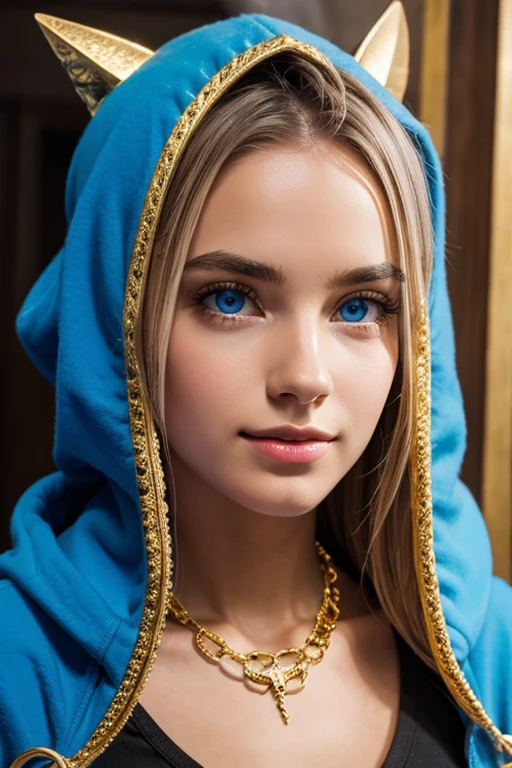 (masterpiece, Best quality),  complex parts,, 1 girl,     mouth, multicolored hair, Blue eyes, shark hair decoration, gold hair ornament, gold necklace, a gold bracelet, sharp teeth, Smirk, Blue hoodie,,  greek clothing, peplos,