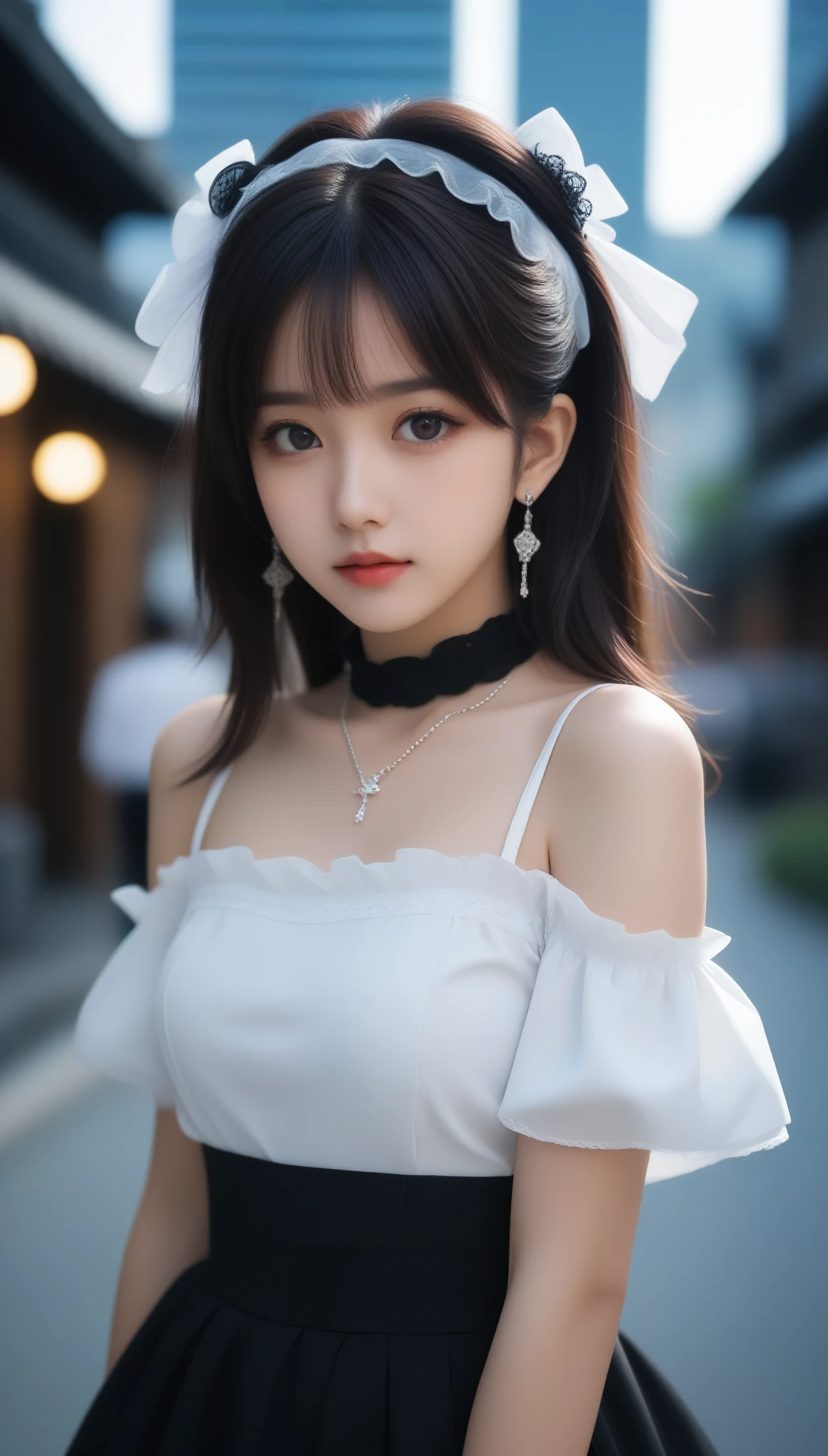 8k, Ultra-high resolution, Highest quality, masterpiece, 三分割法によるphotograph,Surreal, photograph, 1 Girl, (:1.3), pretty girl, Cute Face, Beautiful eyes in every detail, 細かくdetailedに,masterpiece,One Girl:1.2,Japanese female announcer,cowboy shot,Serious expression,Black Hair,Curl outward hair,Maid Android,((Fusion of Gothic Lolita and Lolita fashion:1.3)),Pencil Skirt,bracelet, chest, choker, clavicle, Earrings,Futuristic cityscape ,Perfect and beautiful face ,完璧でCute Face, Skin with attention to detail, Perfect limbs、Narrow waist,Looking at the audience,(((Ideal body type))),Aカップの小さなchest :2,Portraiture:2,Perfect Anatomy,鮮明なdetailed,detailed,Surreal,Light and shadow,spotlight