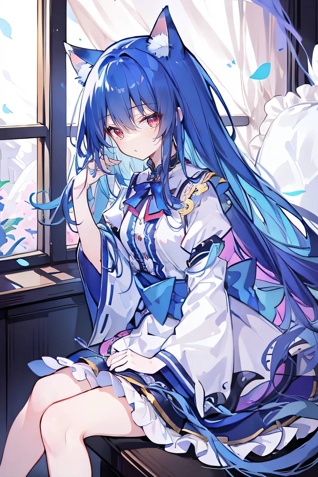 (Masterpiece:1.2),Ultra-detailed,lifelike,The eyes are expressive,Fair skin,Perfect face shape,1 girl,Japanese Manga,Gorgeous blue hair,Flowing blue hair,Flowing clothes,Cat ears,Petals falling,Shy face,sitting on window,Place your hand on your lips,
