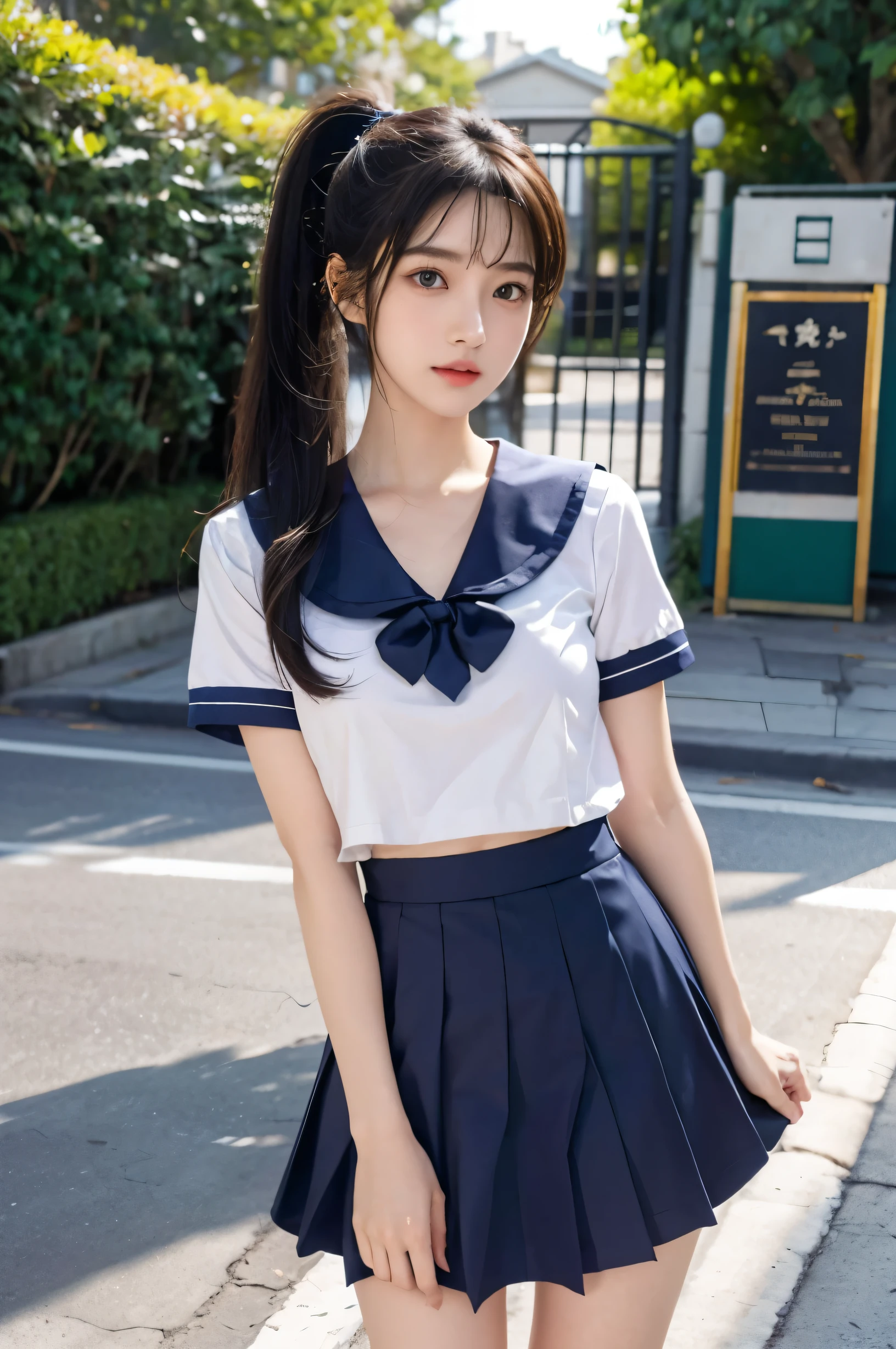 (Ultra HD), (Short-sleeved sailor uniform, Navy blue mini skirt), Big Breasts, slender, Narrow waist, whole body, Standing posture, (Clean and shiny skin, Whitening, No makeup), (Super slim face, Super beautiful face), (ponytail, Layered Cut, Fluffy hair), (double eyelid, Slanted Eyes), Small Nose, Thin lips, Thin legs, In front of the school gate, evening