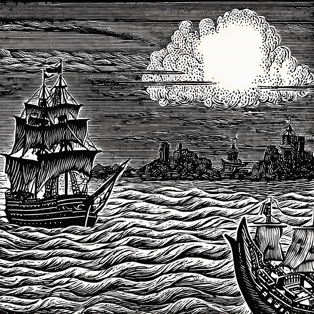 (Black and white woodblock prints:1.5)、(Black and white 2nd floor)、Medieval European Fantasy、Pirate ship vs navy battleship battle、The background is a burning ship and a corpse、Full shot portrait of a female pirate captain、Dark Shadows、A profound presence、Gruesome Background、Ominous clouds、（Highest quality、Realistic）、Mysterious and eerie、