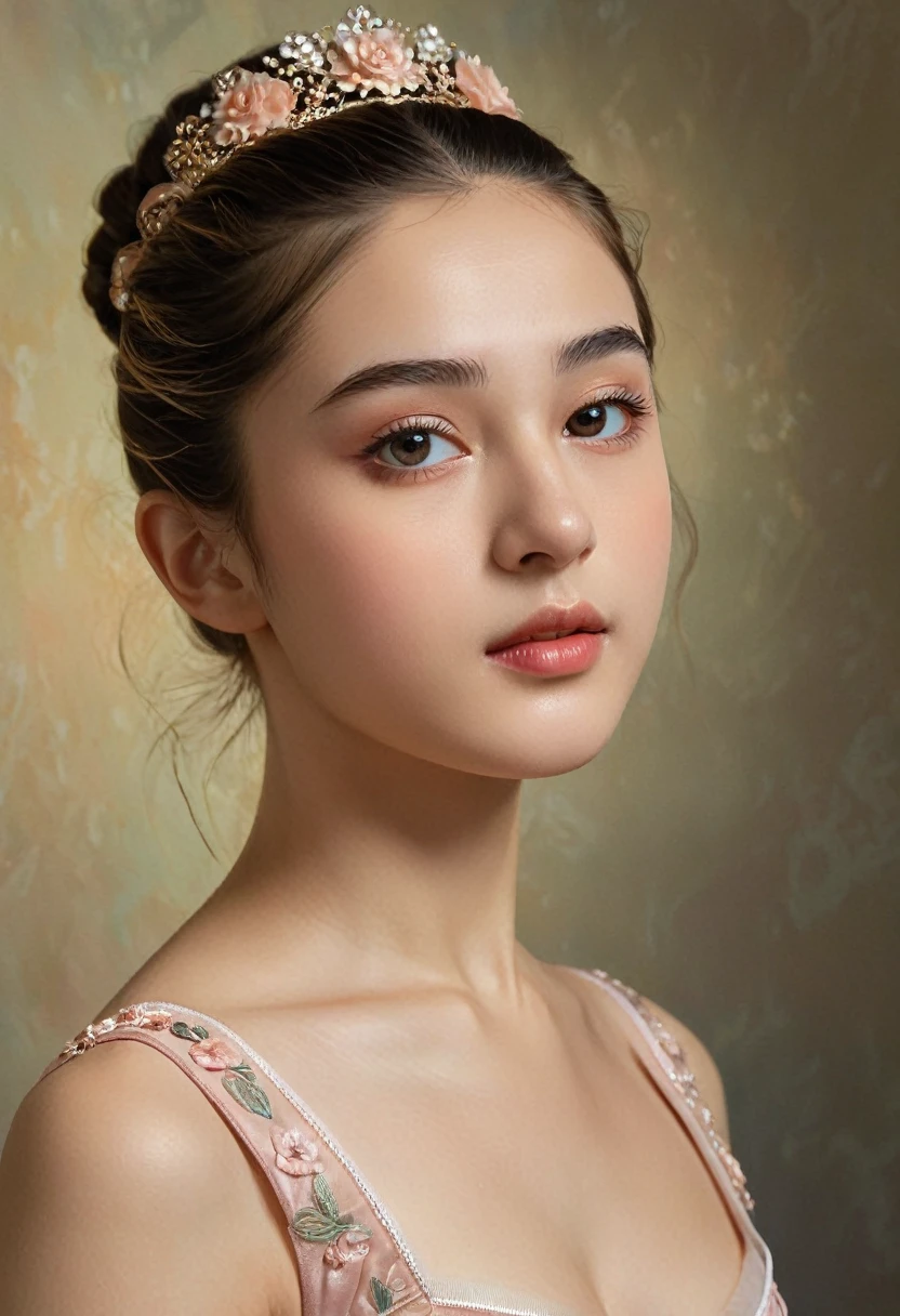 (highres,masterpiece:1.2),(realistic:1.37)"(best quality, highres, ultra-detailed, realistic),beautiful 19th-century portrait of a 16-year-old French ballet dancer, (She is half French and half Japanese, and is a stunning beauty with detailed eyes and a high nose:1.1), thick eyebrows, (elaborate ballet costume:1.4), detailed facial features, long graceful neck, flowing locks of hair, poised and elegant posture, soft and delicate lighting, classic oil painting medium, vibrant colors, subtle background with floral motifs", dreamy atmosphere, Surrealism,mystical aura, Charlie Bowater, 19th-century France, seductive, (best quality,4k,8k,highres,masterpiece:1.2), ultra-detailed, (realistic,photorealistic,photo-realistic:1.37),(Numerous award-winning masterpieces, incredibly detailed and textured, maximal resolution and clarity), (Hyper-realistic:1.4)