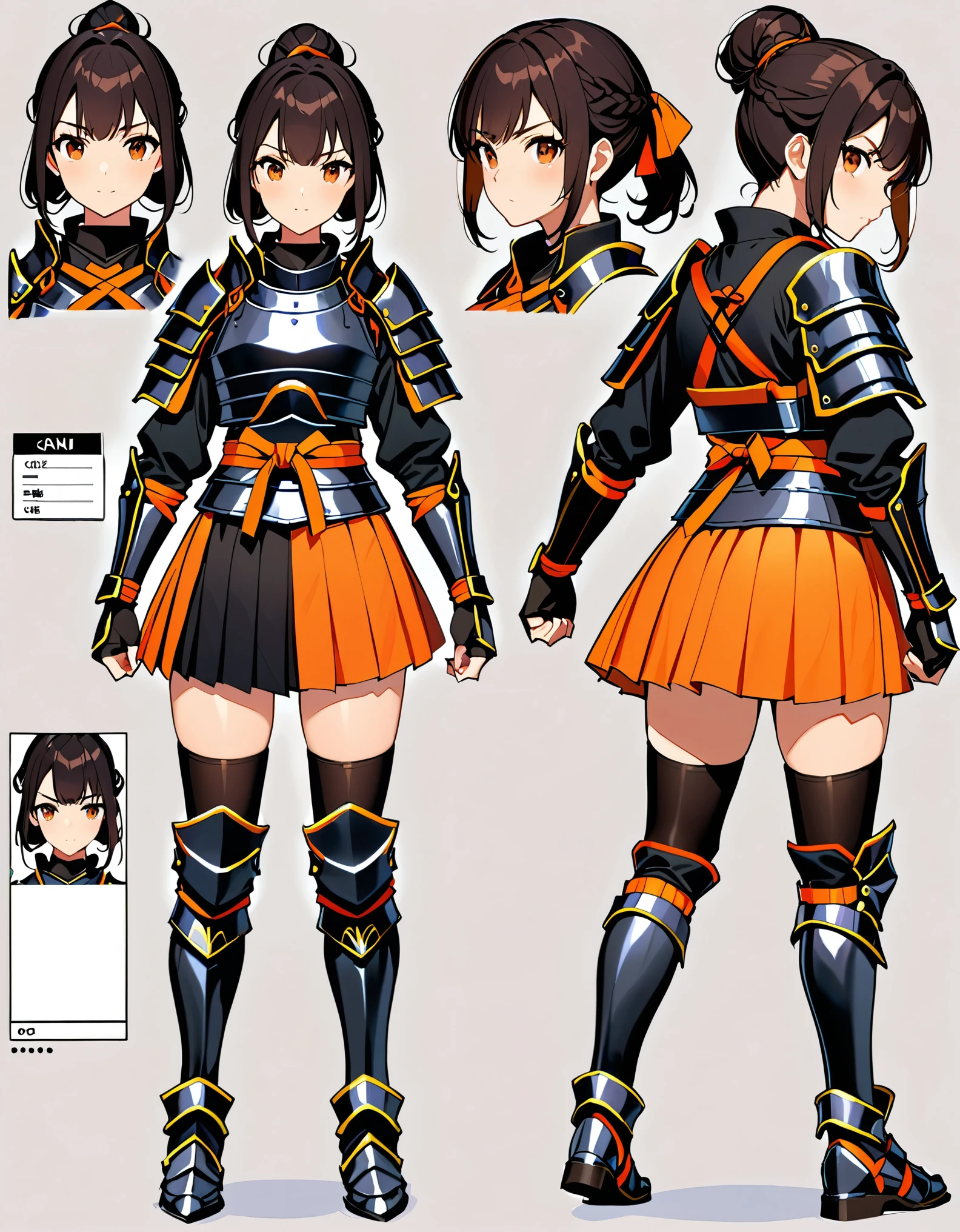 (masterpiece), (best quality), (hires), highly detailed, professional, 1girl, solo, solo focus, (dark black hair, tied up hairstyle), (wearing black gloves), (wearing samurai armor, armored gauntlets, armored boots, thighhigh boots), (wearing a skirt, orange skirt. pleaded skirt), (black biker shorts), hair covering eyes, (clenched hand, clenched hands), beautiful face, beautiful eyes, (brown eyes), vibrant colors, full body with costume. Simple background, Multiple Views, Character Sheet Full-Length.