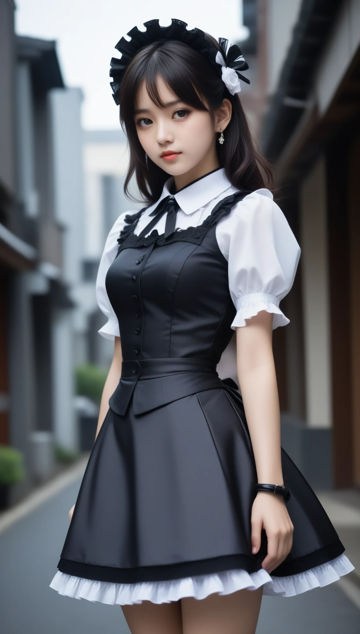 8k, Ultra-high resolution, Highest quality, masterpiece, 三分割法によるphotograph,Surreal, photograph, 1 Girl, (:1.3), pretty girl, Cute Face, Beautiful eyes in every detail, 細かくdetailedに,masterpiece,One Girl:1.2,Japanese female announcer,cowboy shot,Serious expression,Black Hair,Curl outward hair,Maid Android,((Fusion of Gothic Lolita and Lolita fashion:1.3)),Pencil Skirt,bracelet, chest, choker, clavicle, Earrings,Futuristic cityscape ,Perfect and beautiful face ,完璧でCute Face, Skin with attention to detail, Perfect limbs、Narrow waist,Looking at the audience,(((Ideal body type))),Aカップの小さなchest :2,Portraiture:2,Perfect Anatomy,鮮明なdetailed,detailed,Surreal,Light and shadow,spotlight