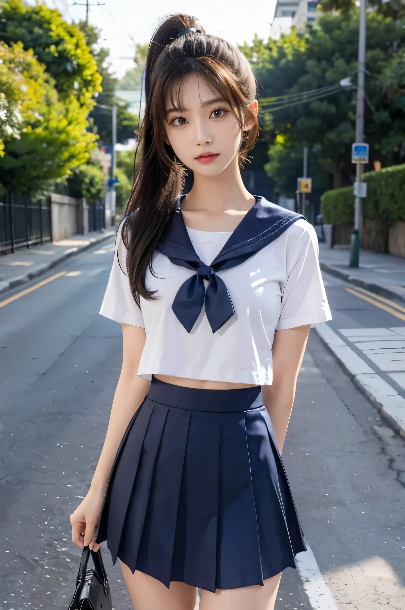 (Ultra HD), (Short-sleeved sailor uniform, Navy blue mini skirt), Big Breasts, slender, Narrow waist, whole body, Standing posture, (Clean and shiny skin, Whitening, No makeup), (Super slim face, Super beautiful face), (ponytail, Layered Cut, Fluffy hair), (double eyelid, Slanted Eyes), Small Nose, Thin lips, Thin legs, In front of the school gate, evening